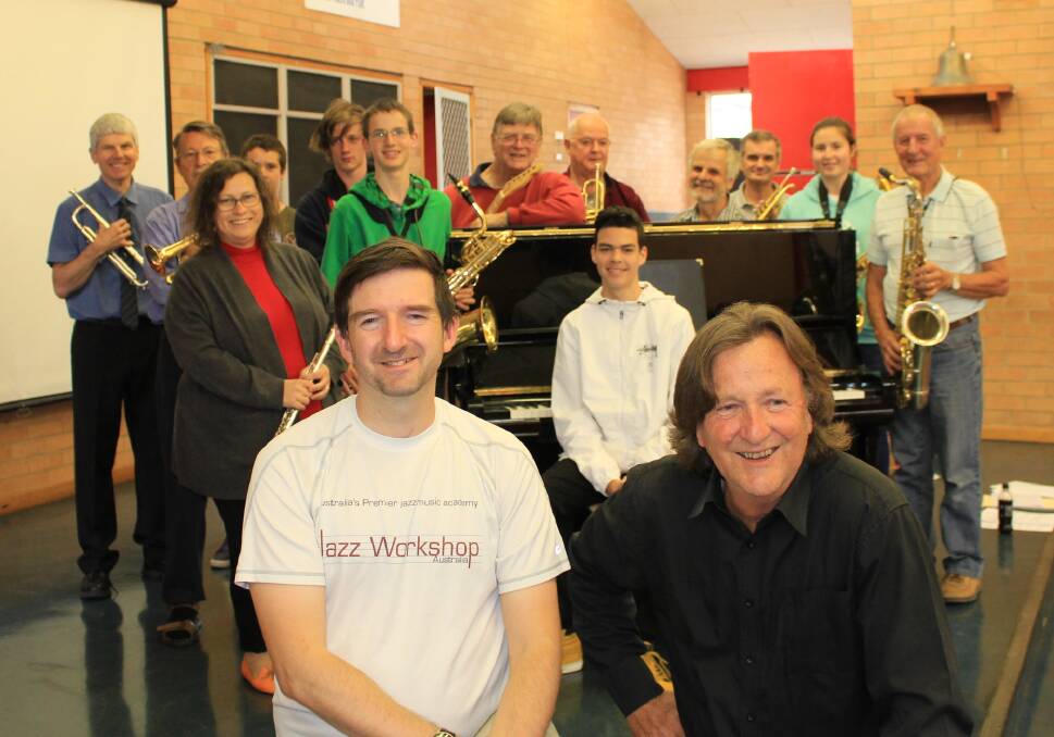 AND ALL THAT JAZZ: Jazz educator, Saul Richardson, front left, with Sapphire Coast Jazz Band conductor, Paul Dion and members of the band at Pambula Public School for the jazz workshop on Sunday, October 22.