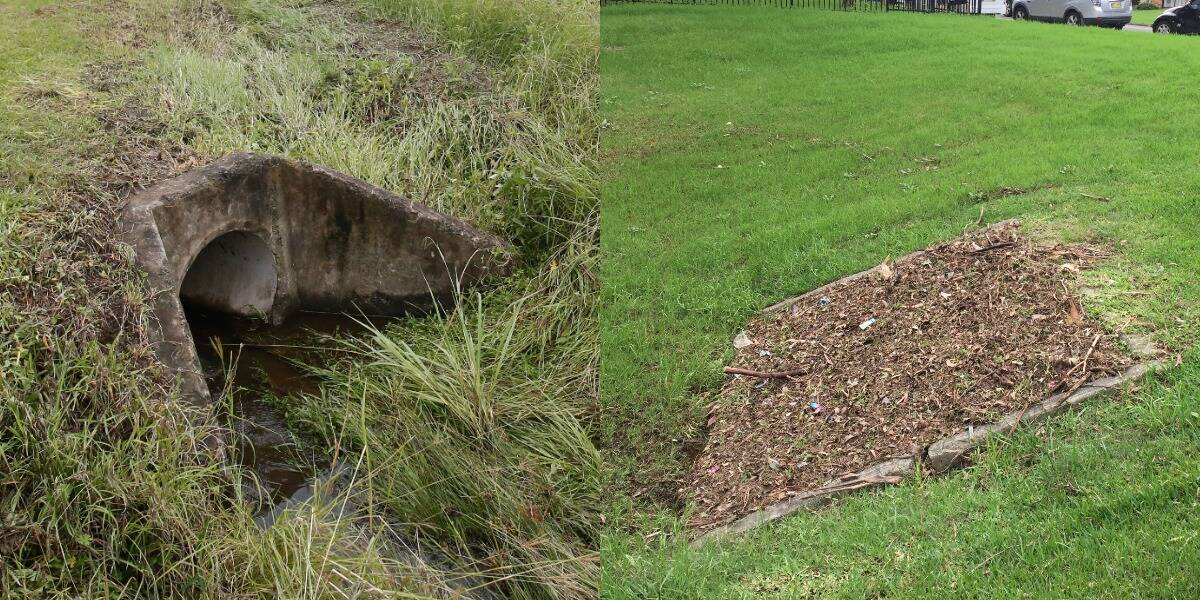 The Riley Park drain (left) and another drain - which is fitted with a meshed grille - elsewhere in Unanderra, at Derribong Drive. Photo on the right taken on Monday, after last week's heavy rain.