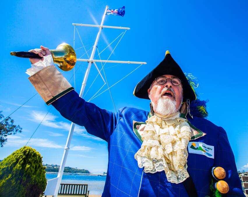 Hear Ye, Hear Ye: Town Crier Alan Moyse will be swinging his bell and crying out for peace at the Merimbula War Memorial this coming Remembrance Day. Picture: Rachel Mounsey