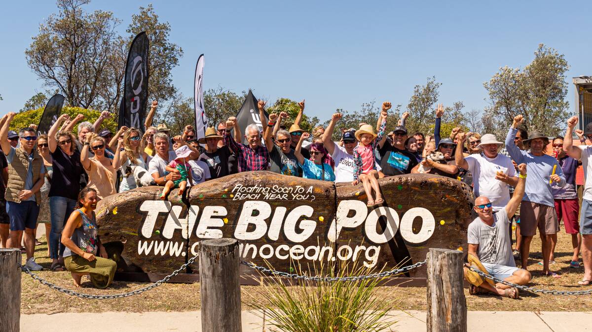 Advocating against ocean outfall: Clean Ocean Foundation's 'Big Poo' is on display at the Ford Oval toilet block at Merimbula's Main Beach. Photo: Toni Ward