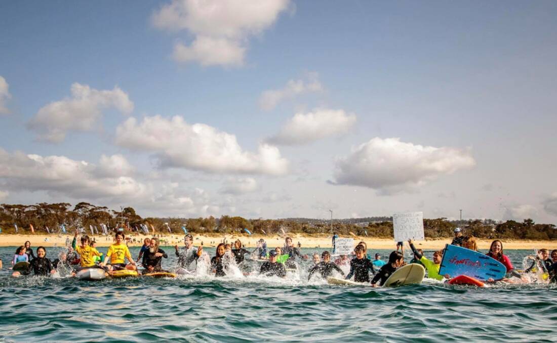 No to Drill: More than 200 people took part in Merimbula's Fight for the Bight paddle out. Photo: Nathan Bloemers