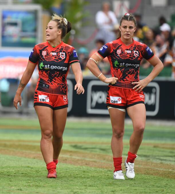 Isabelle Kelly and Jess Sergis will form a dynamic centre pairing for the Dragons this NRLW season. Photo: NRL Imagery
