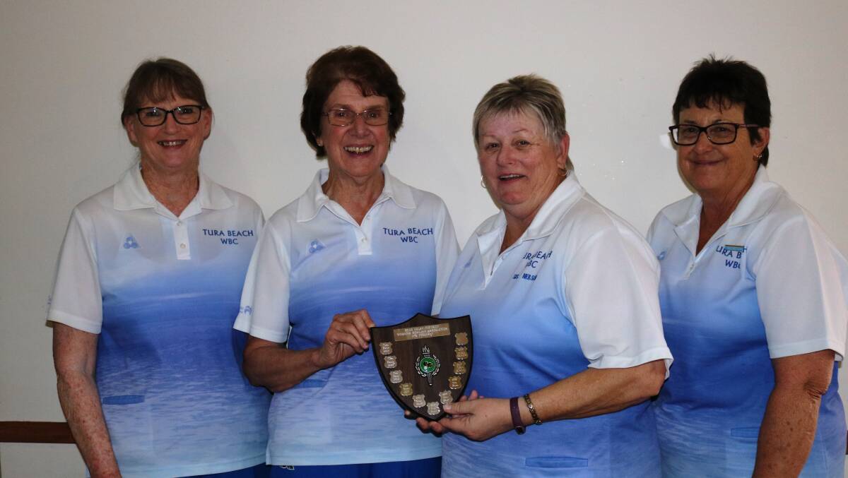 Tura Beach grade two pennants members Pam Reynolds, Jan Duncombe, Sis Neilson and Helen Elliot were happy to accept the trophy on behalf of all their team.