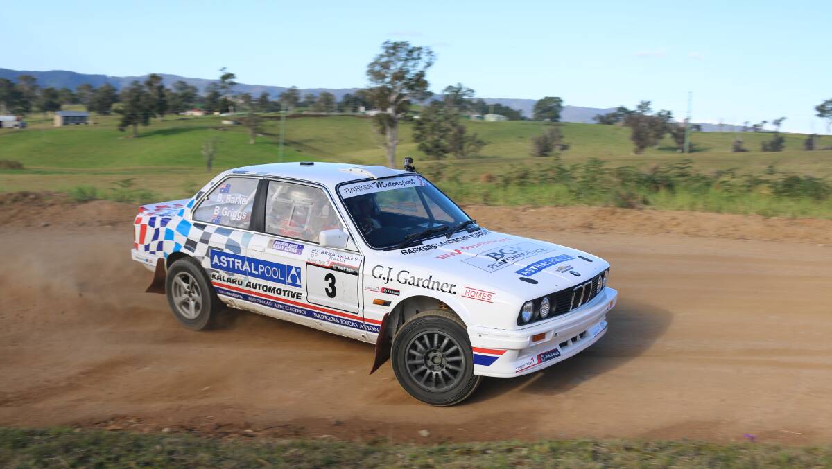 Defending champ: Ben Barker and Beau Griggs on course to winning stage one of last year's Bega Valley Rally in the "home built" BMW E30.  