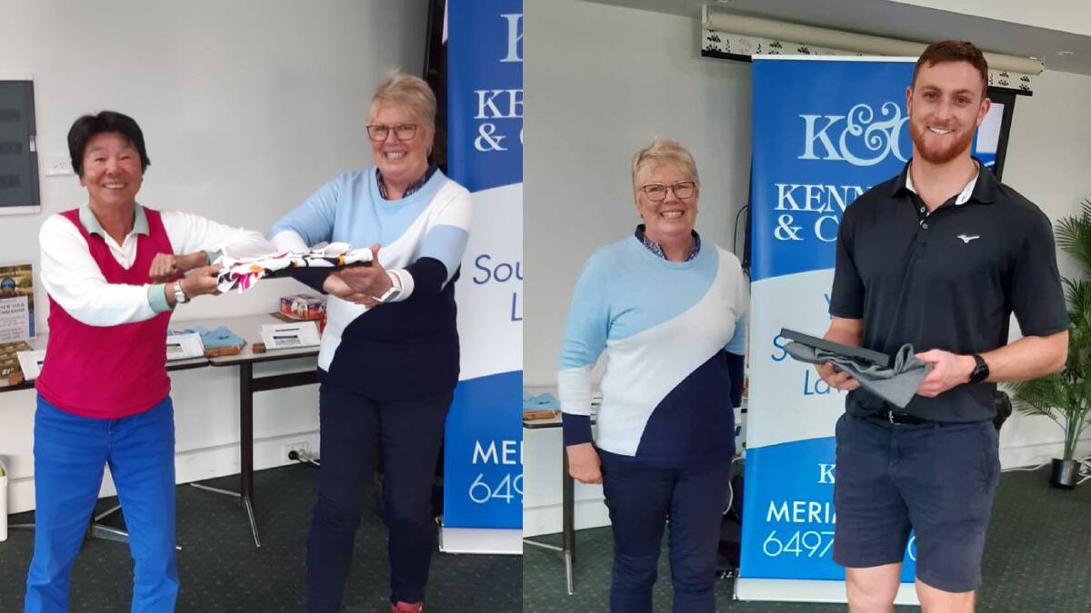 Stableford winners in the Pambula-Merimbula Challenge Chewy Chia from the home club and Tura's Lance Musgrave accept their prizes. 