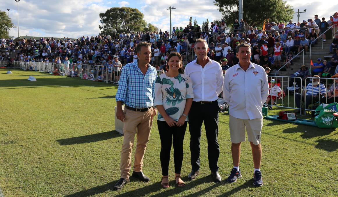 Member for Bega Andrew Constance, Mayor Kristy McBain, Raiders CEO Don Furner and Group 16 Chairman Allan Wilton at Saturday's NRL trial announcing State Government funding of $13.5 million for local sporting facilities.