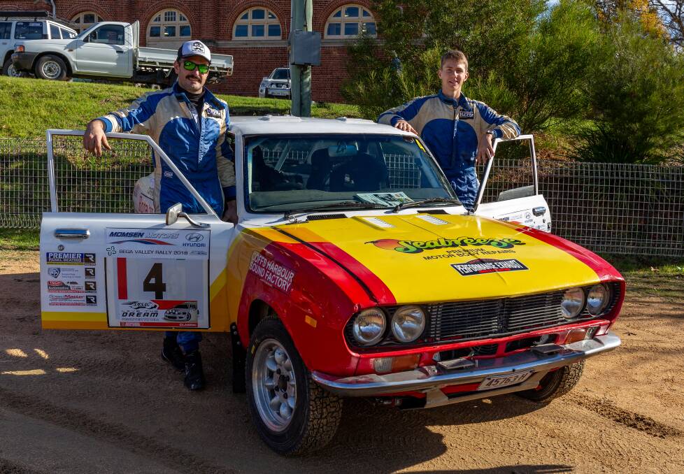 Australian Rally Champion Nathan Quinn and Bega's own Alexander Eadie ready to hit the stages in Quinn's Mazda RX-2 on Saturday. 