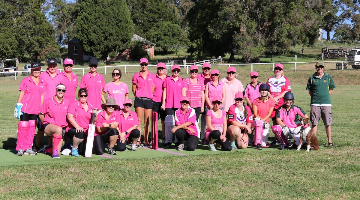 Striking: The Eden and Kameruka teams clad in pink are ready to take the pitch during the Pink Stumps Day at Lord's View Oval on Saturday. 