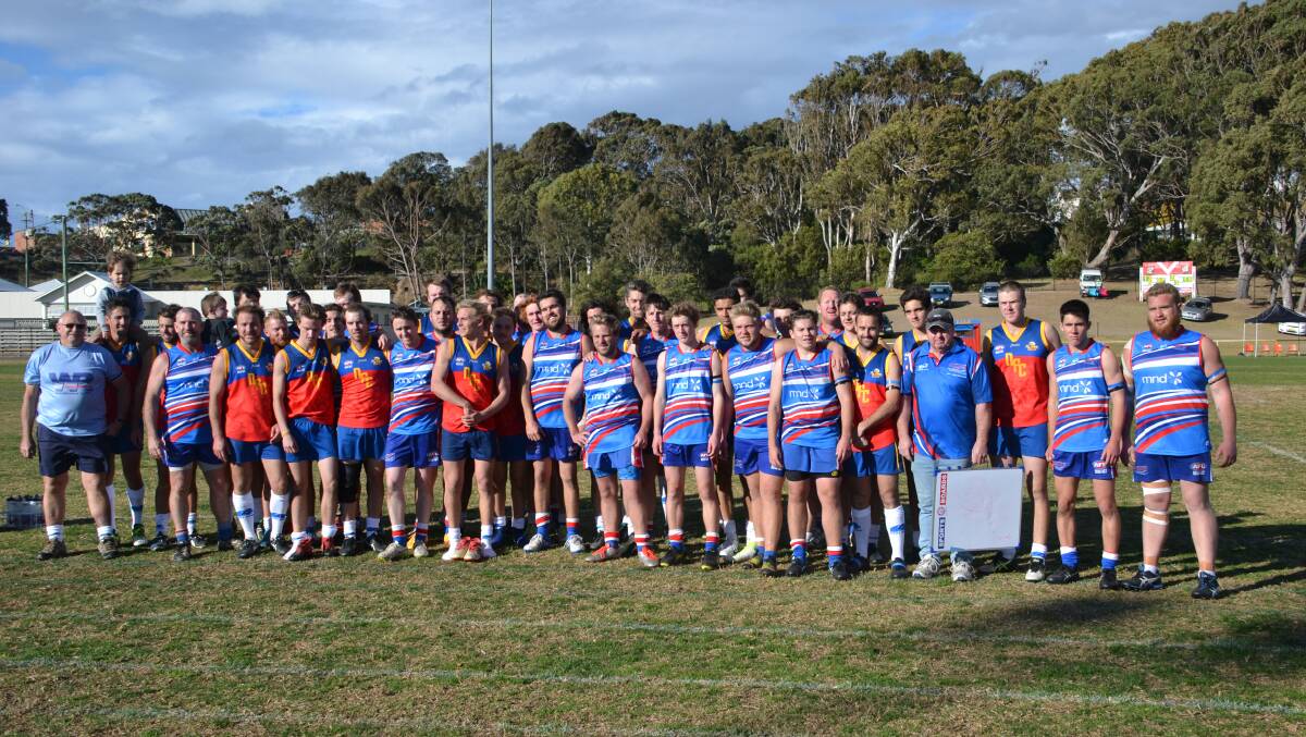 Spirit: Players from the Narooma Lions and Merimbula Diggers who came together to raise money for MND research as part of the Footy 2 Fight MND day at Narooma. 