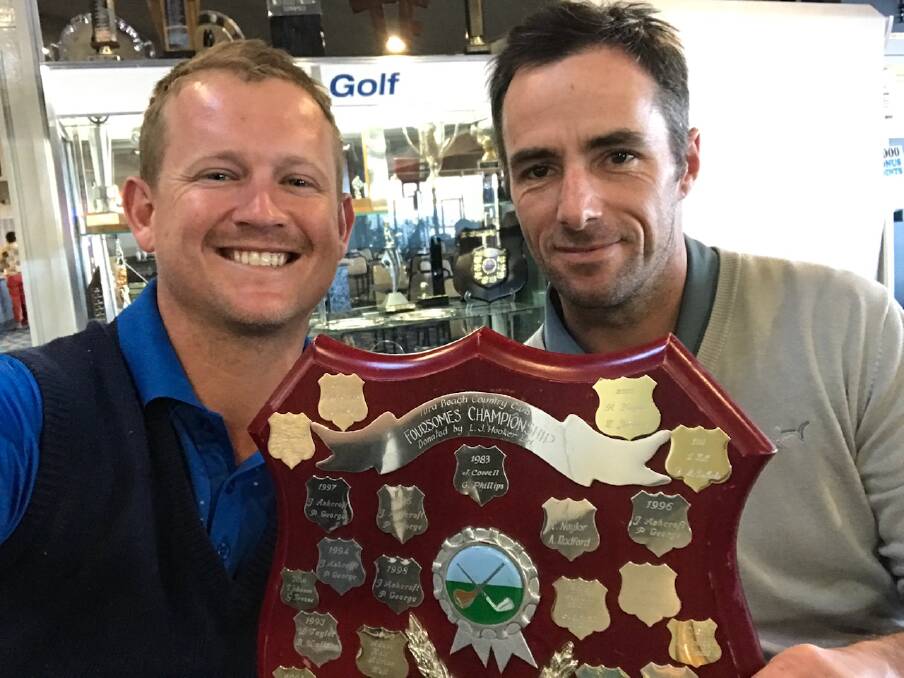 All smiles: A happy pair of Tura Beach foursomes championship winners are Josh Mawby and Michael Coulter with 115 gross. 