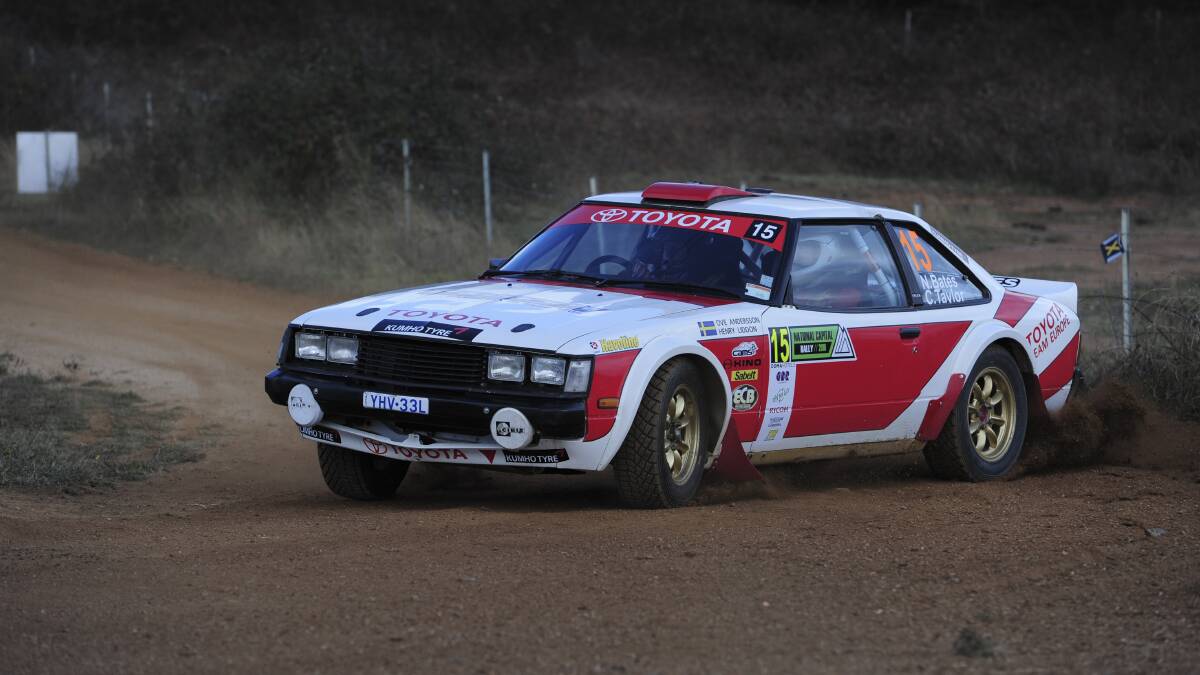 Four-time Australian Champ Neal Bates negotiates a corner in the Toyota Celica he will contest the Bega Valley Rally with. 