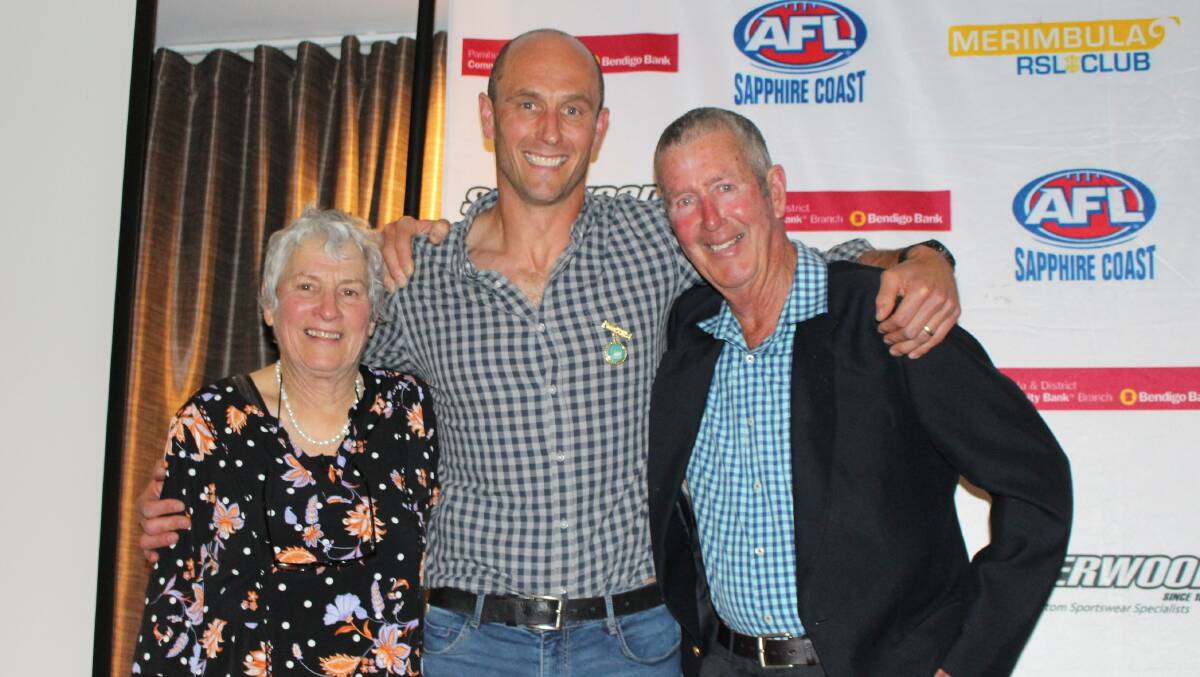 Family affair: Val, Croc and Frog Little during Croc's induction as a life member at the Sapphire Coast AFL presentation night last week. 