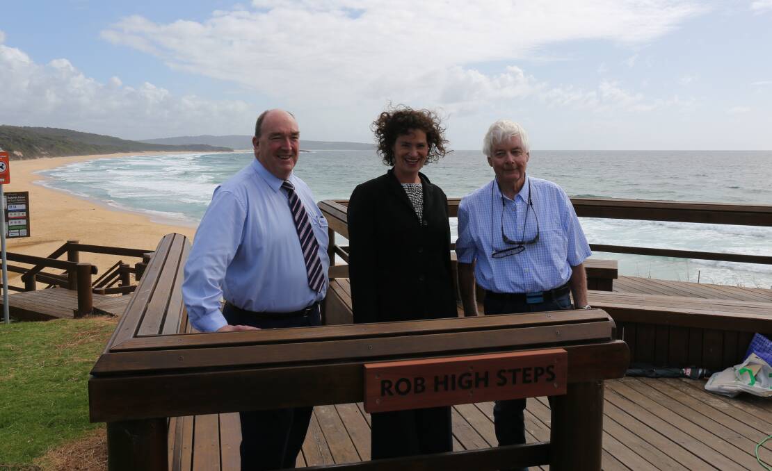 Russell Fitzpatrick, Jenny High and Jon Gaul unveil the sign for the Rob High Steps during a special commemoration last week.