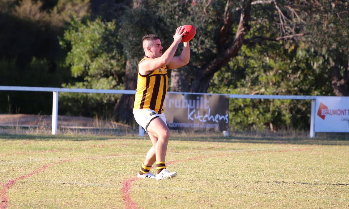 Pambula forward Jono Di Donato is a goal-kicking machine, but will need clean deliveries to get past Merimbula's defence. 