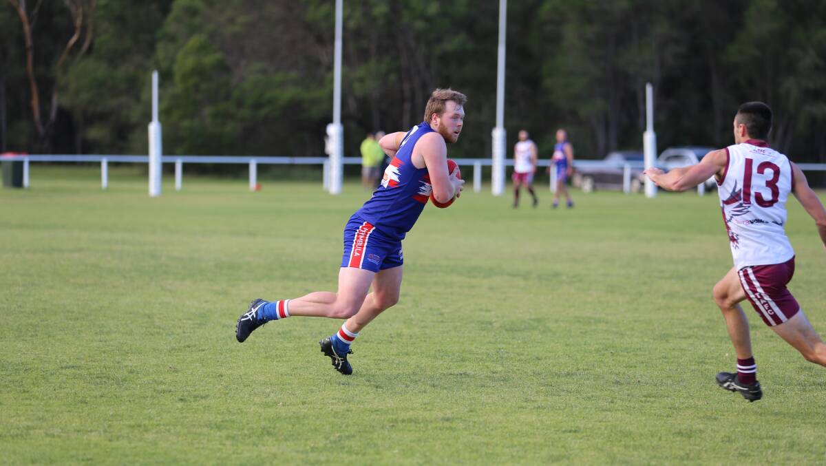 Dylan Jordan bursts off the mark after taking a catch during Merimbula's narrow loss to the Sea Eagles on Saturday. 