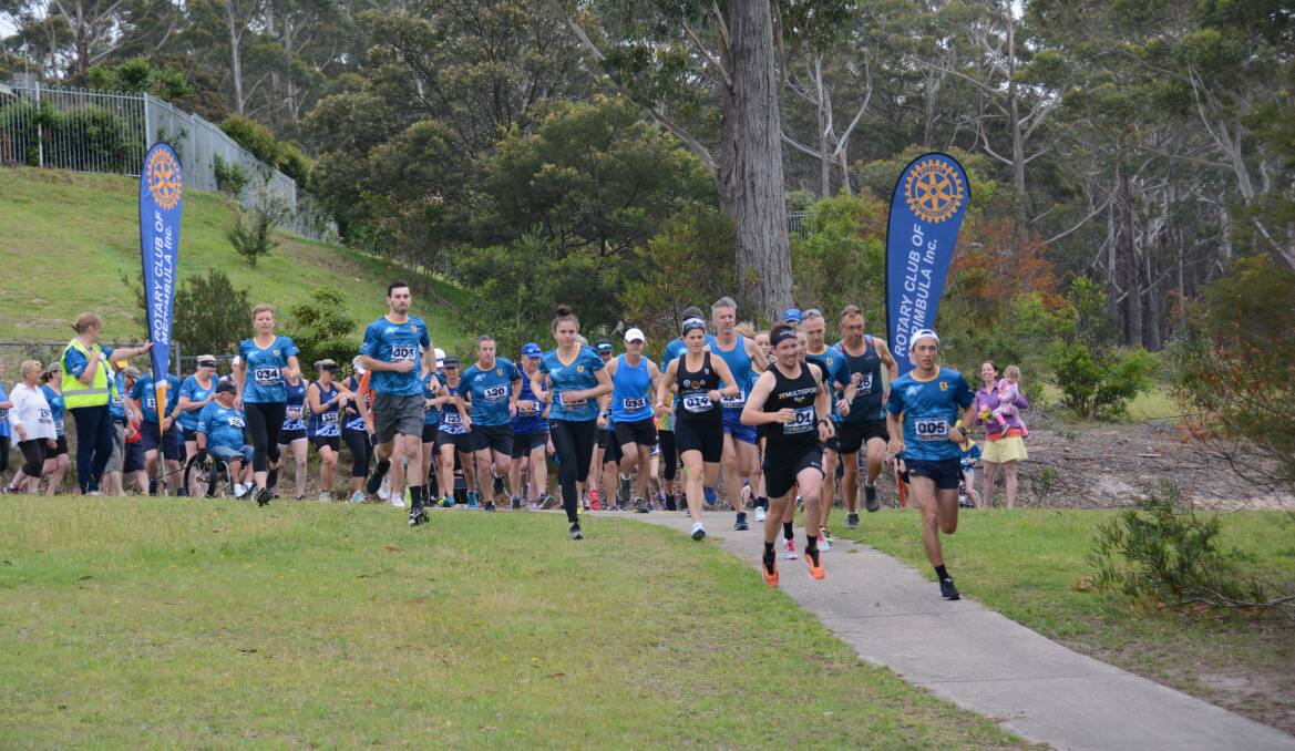 Launch: A strong field of fun runner hurtles off the start line in the Pambula2Merimbula event on Sunday. Picture: Supplied.