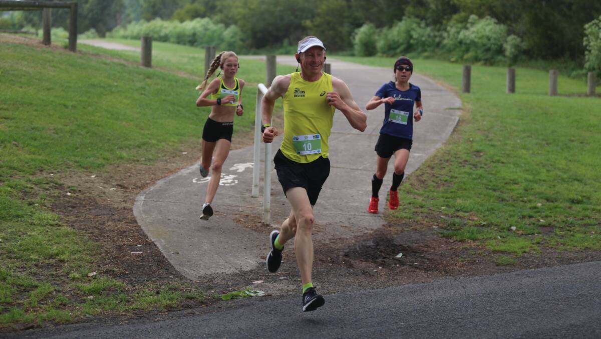 TOP THREE: Bega's Kyle Bourke leads Canberra’s Steph Torley and Bega’s Steph Auston in Sunday's Bega Fun Run.