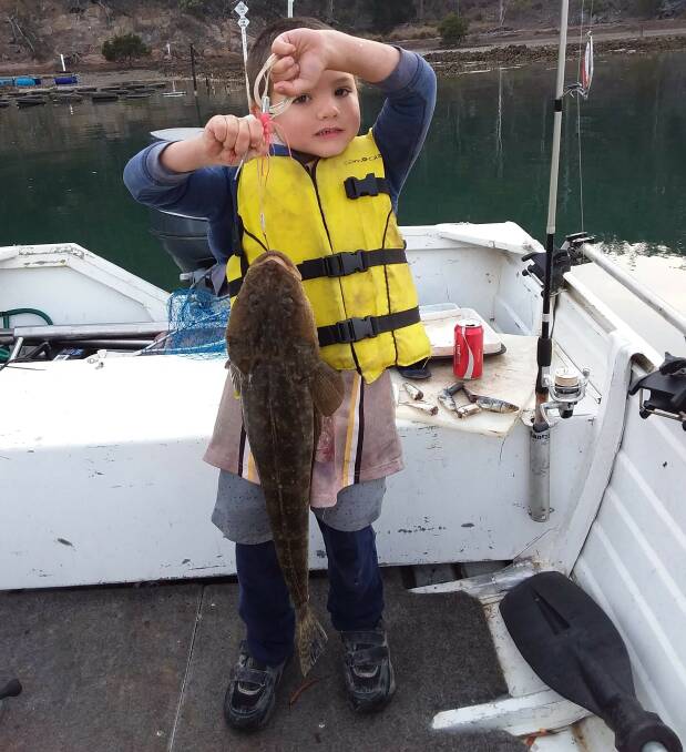 Great catch young man!: Six-year-old club member Logan Walker shows his lovely catch-and-release dusky flathead from the Pambula channel. 