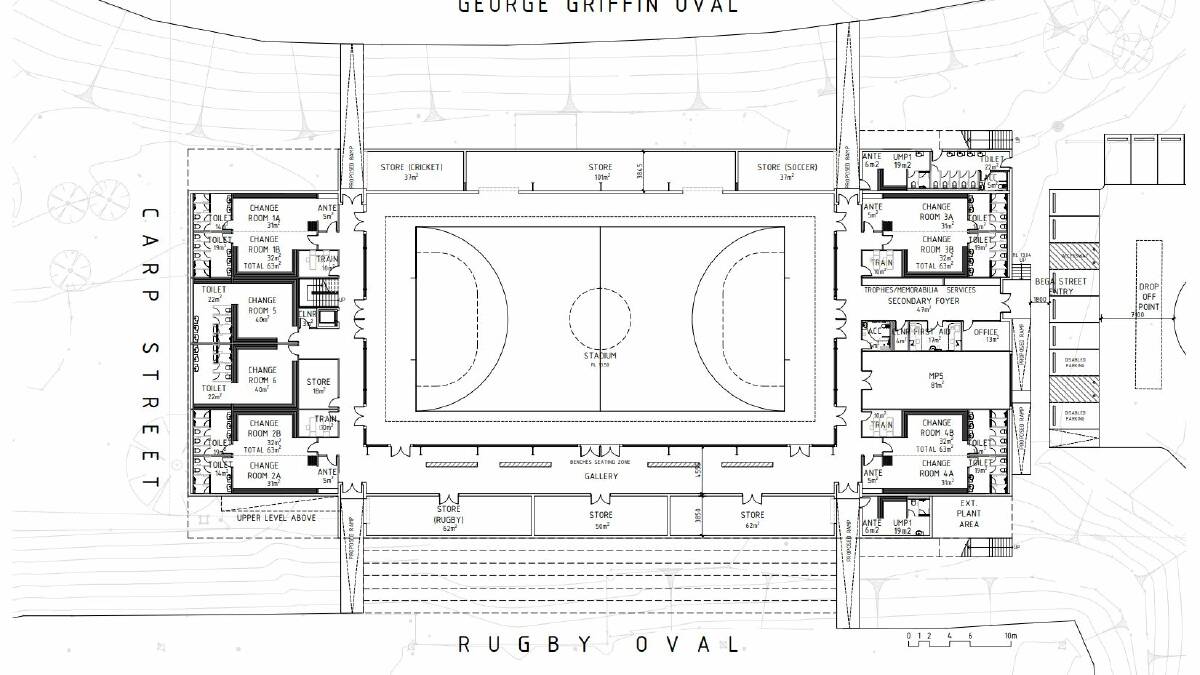 The Ground floor design featuring an indoor stadium and numerous change and storage rooms. 