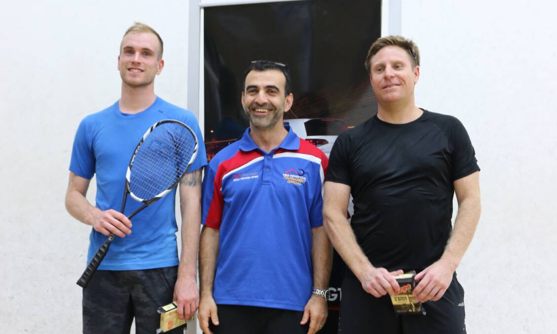 Winners are grinners: Open winner Josh Larkin with tournament organiser John Stylianou and runner-up Brett Hyland. 