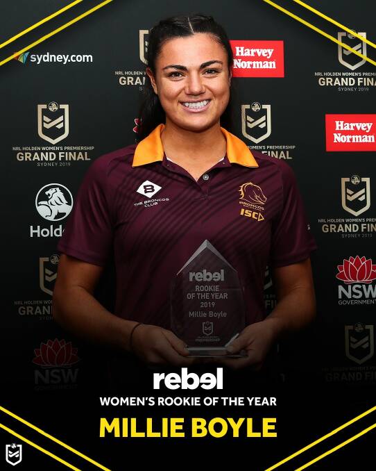 Front runner: Cobargo's Millie Boyle has been named the Rebel Rookie of the Year after a standout season in the forwards for the Brisbane Broncos. Picture: Facebook. 