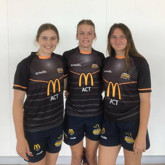 Local hopefuls: Tamika Millard, Alanna Dummett and Jorja Moore in their ACT Brumbies playing gear ahead of the Youth Nationals in Brisbane. Picture: supplied.