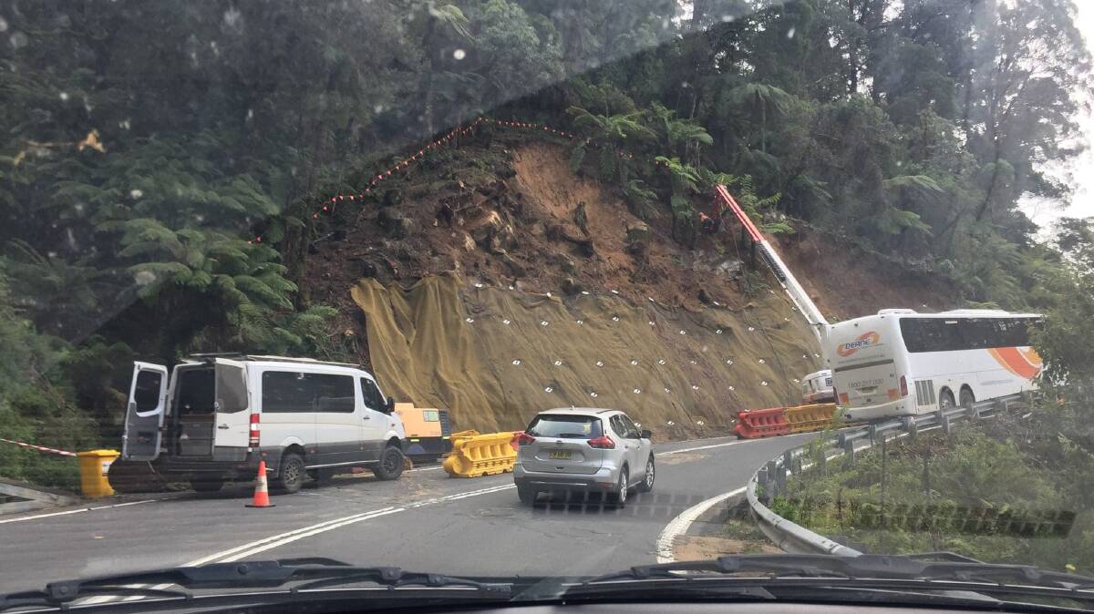 Ongoing: Roadworks to remediate previous landslips on Brown Mountain over the weekend. Picture: Leah Szanto