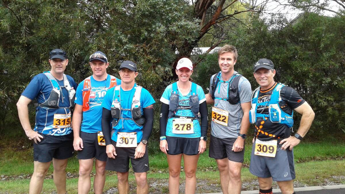 Snowy run: Gearing up for the 21km half-marathon are Angus Lamb, James Lukassen, Terry Closter, Jody Collins, Steve Scrivens and  Andy Gibbs.
