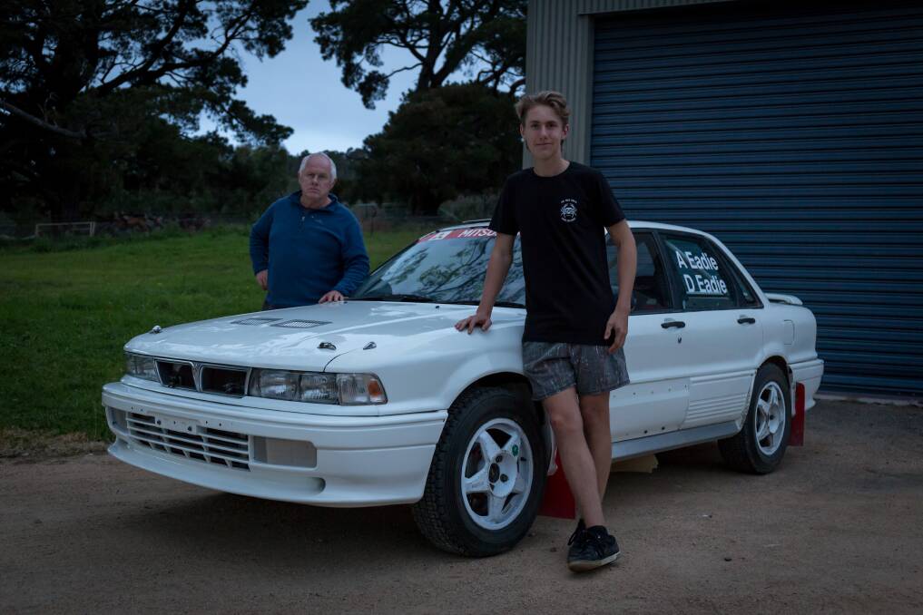 David and Alexander Eadie with their Mitsubishi Gallant they ran in the 2017 Bega Valley Rally. 