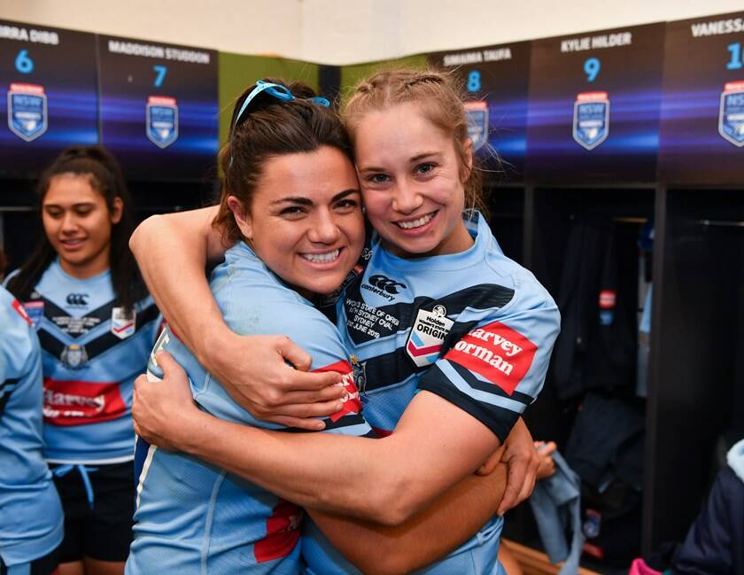 Head-to-head: Millie Boyle and Kezie Apps were inseparable as part of the NSW Origin squad, but will go head-to-head in the NRLW this weekend. Picture: NRL Photos. 