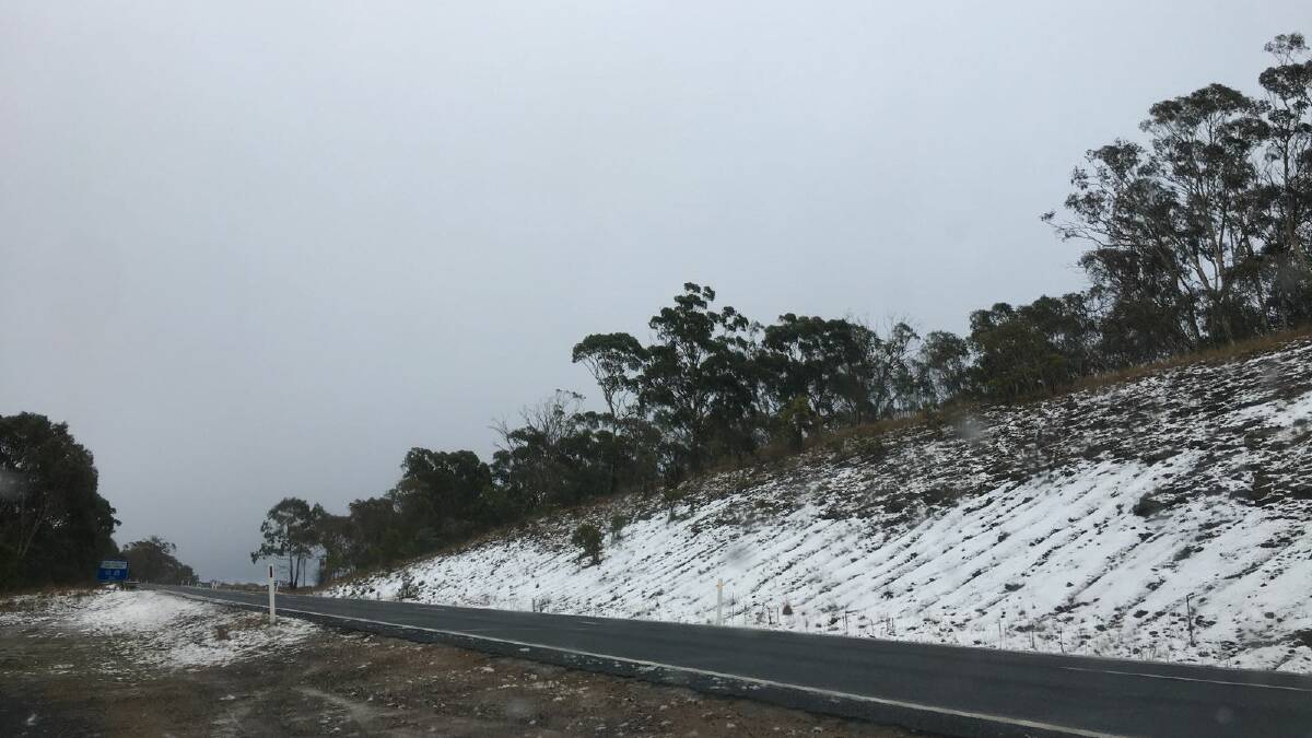 Snow on the Snowy Mountains Hwy outside Nimmitabel on Monday morning. Picture: Cayce Hill