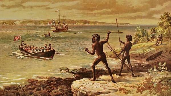 A depiction of the arrival of Cook and his men, which also included a Tahitian priest and navigator, at what is now called Botany Bay in 1770. Picture: William MacLeod 1899