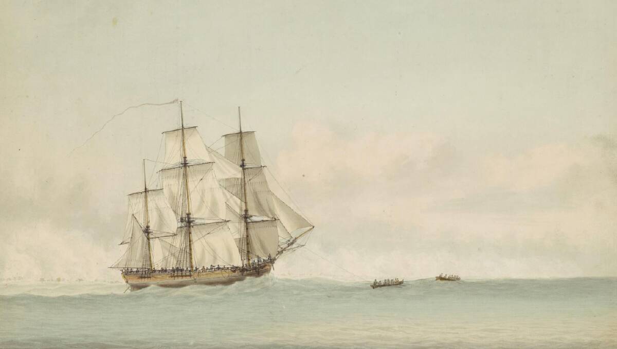 A painting of the HMS Endeavour off the coast of New Holland, by Samuel Atkin in 1794.