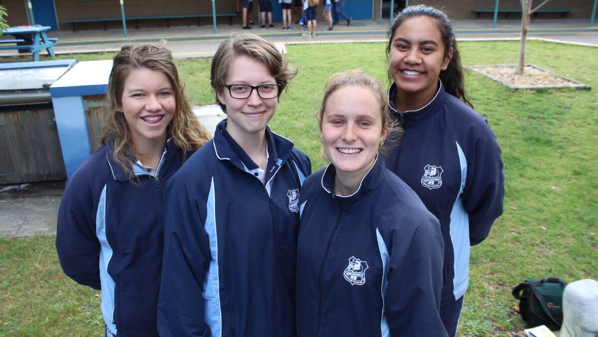 LEADERS: Eden Marine High School captains Anna Auer and Lucy-Sue Beukers (centre) are flanked by vice-captains Morgan Chapple (left) and Pelenise Ofati (right).
