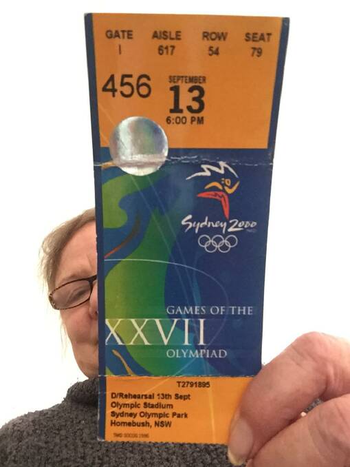 Jeanne Medlicott with her ticket to the full dress rehearsal of the Sydney 2000 Olympics opening ceremony.
