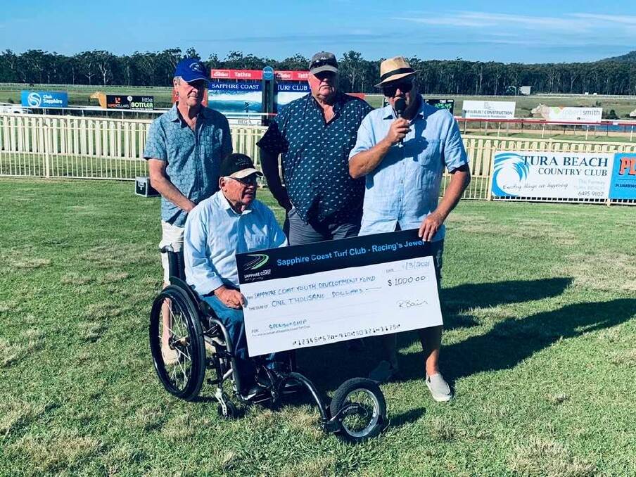 Chairman of the Sapphire Coast Youth Development Fund Paralympian Ron Finneran OAM, fund secretary Graham Brown, Mike Walcott and turf club manager Rob Tweedie.