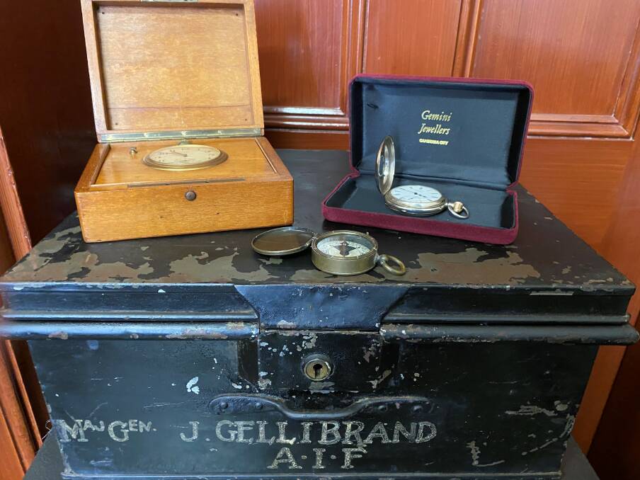 A travel clock, pocket watch, compass and metal travel case just a few of the many items owned by Sir John Gellibrand that were donated to Hobart Legacy by the widow of his grandson John Gellibrand, Margaret Brown. 
