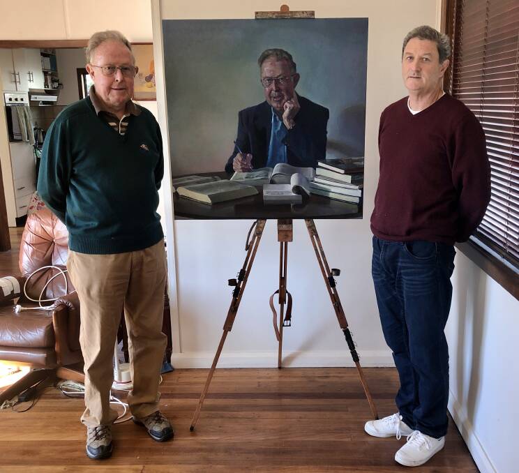 Former educator Mike Sheppard and artist Joseph O'Gara with the selected entry in to the Shirley Hannan National Portraiture Award.