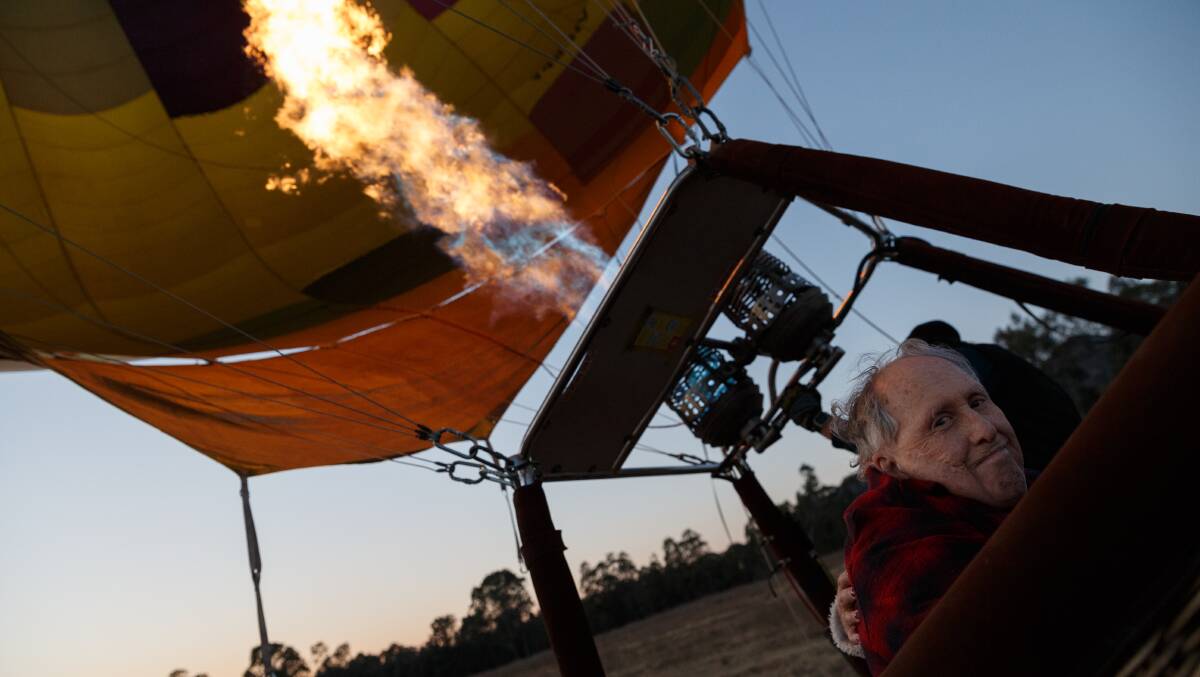 85-year-old Norman Jones of Mayfield ticked off a bucket list item on Friday when he went hot air ballooning at the 2017 Hunter Valley Balloon Fiesta. Picture: Max Mason-Hubers MMH