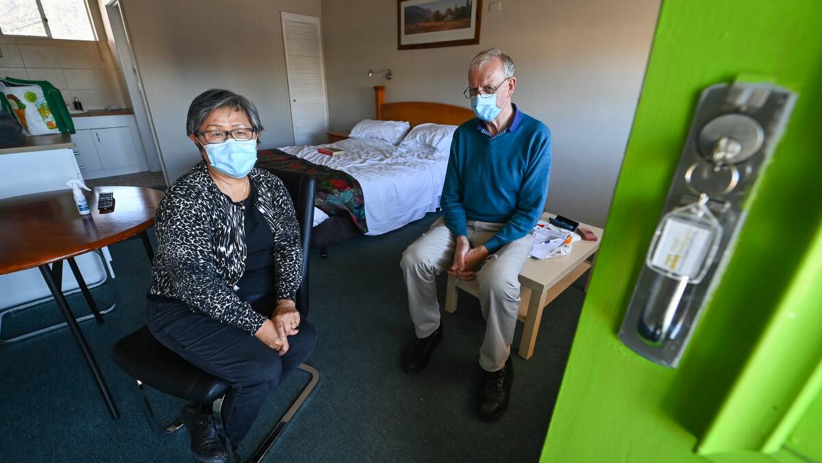 Ross and Helen Muir are ACT residents and are stuck in Wodonga at the Wellington Motel. Picture: Mark Jesser/The Border Mail