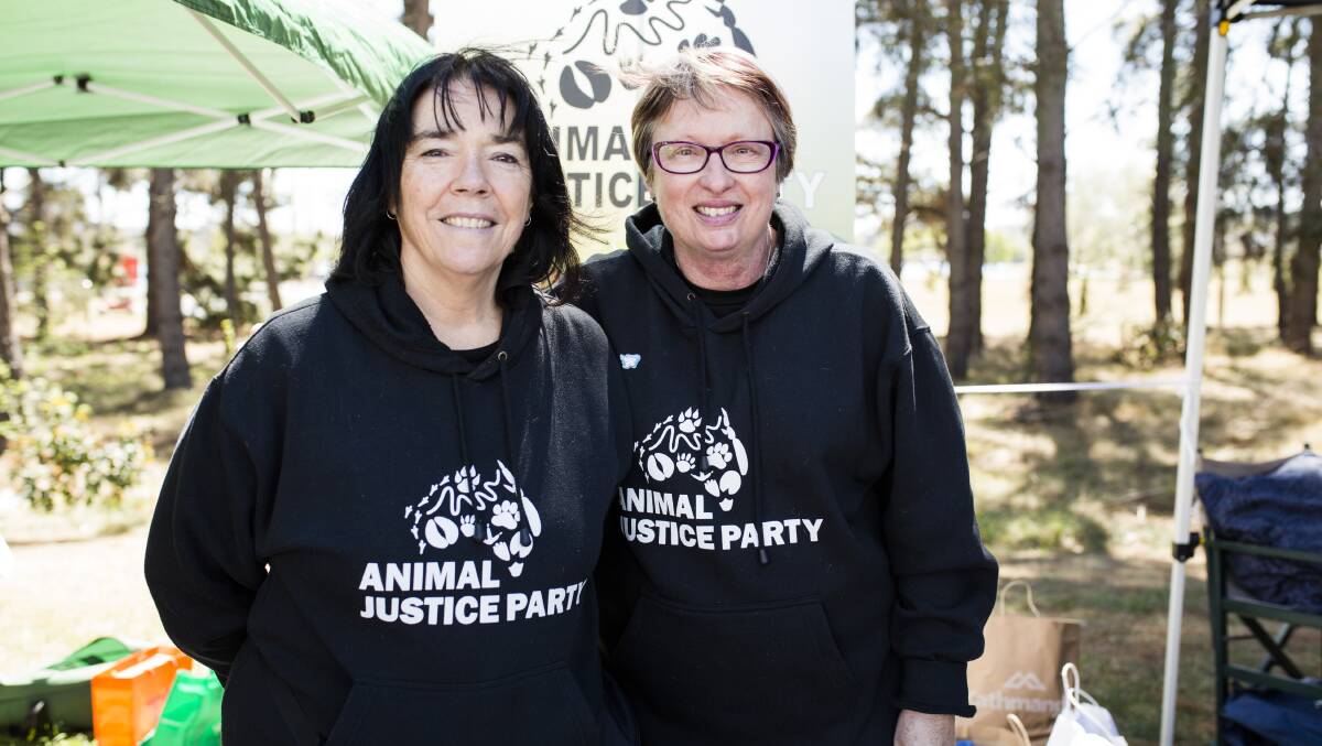 Animal Justice Party candidate for Monaro, Frankie Seymour of Queanbeyan, left, with Robyn Soxsmith of Kambah at the Living Green Festival 2017. Photo: Jamila Toderas