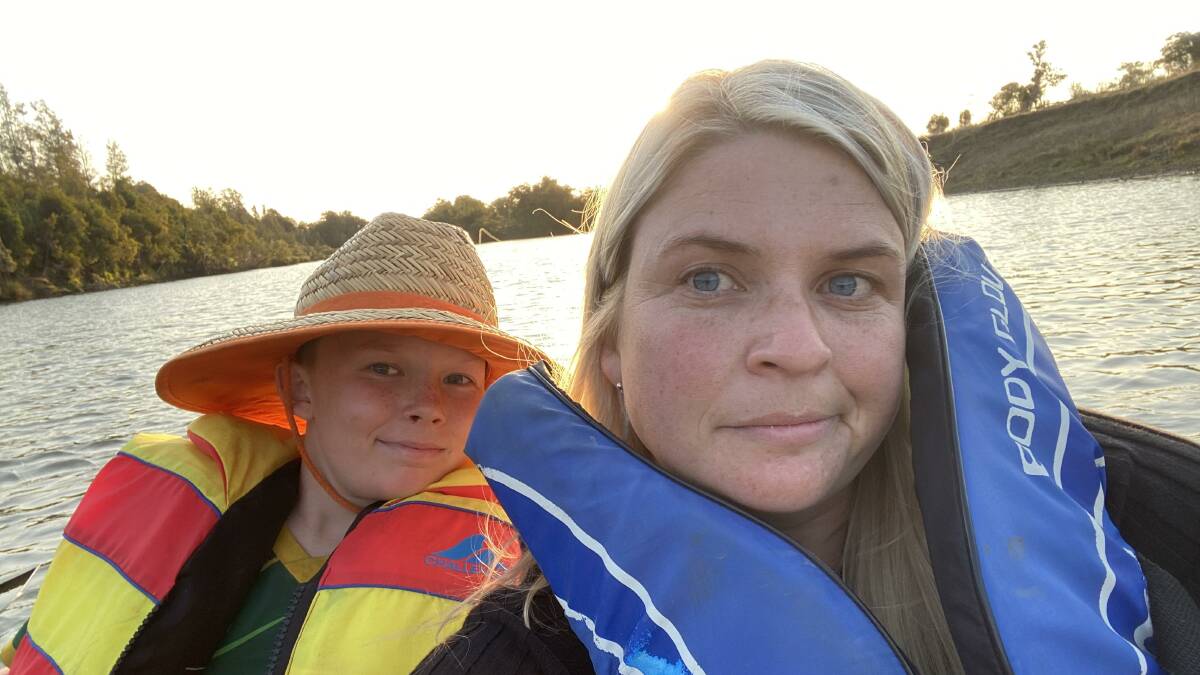 Oliver and his mum Jennah on a kayak in the Manning River. Picture supplied.