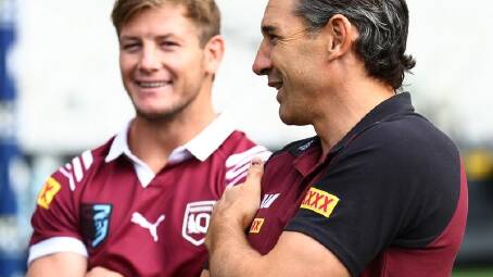 Storm captain Harry Grant (left) and Maroons coach Billy Slater at the State of Origin launch. (Con Chronis/AAP PHOTOS)