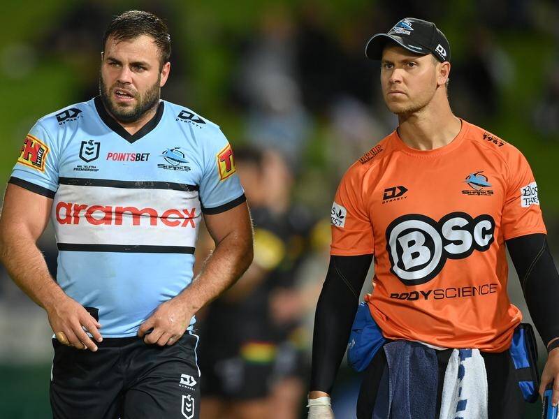 Cronulla's Wade Graham leaves the field against Penrith, after his fourth head knock of the season.