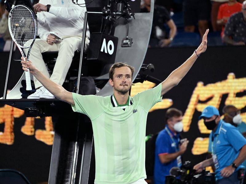 Daniil Medvedev celebrates after beating Felix Auger-Aliassime in the Australian Open.
