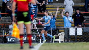 Sydney FC's Mackenzie Hawkesby celebrates her goal against the Central Coast Mariners. (Steven Markham/AAP PHOTOS)