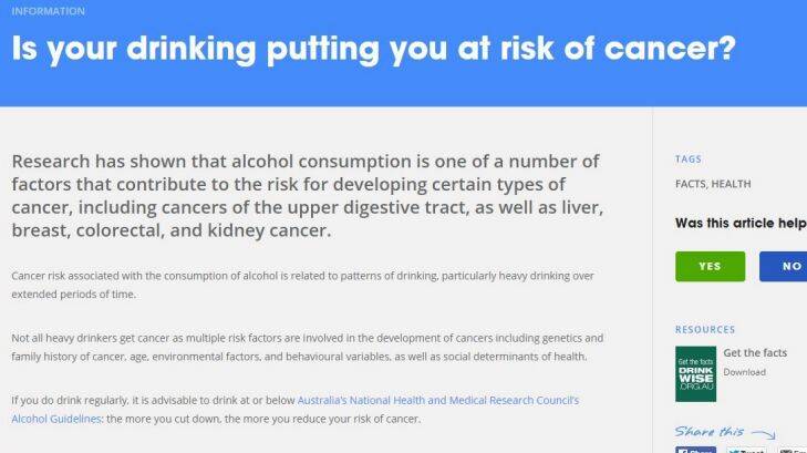 Drinkwise website's health information relating to cancer.?? 