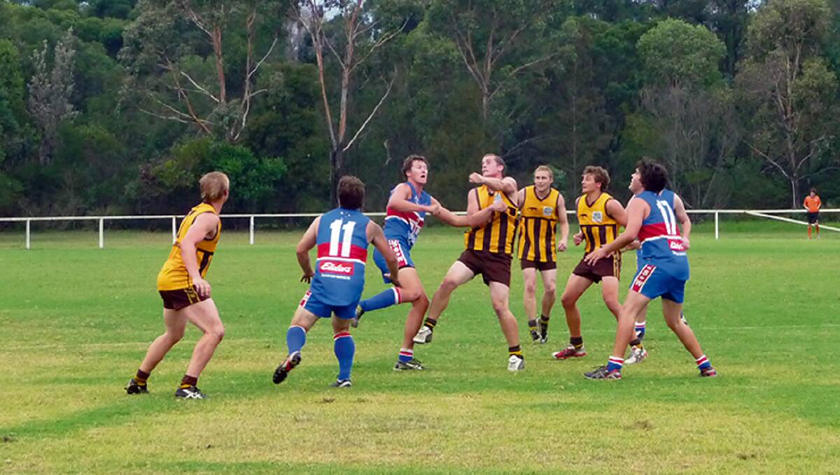 • Members of the Diggers and Panthers AFL clubs contest the ruck during a match last year. 