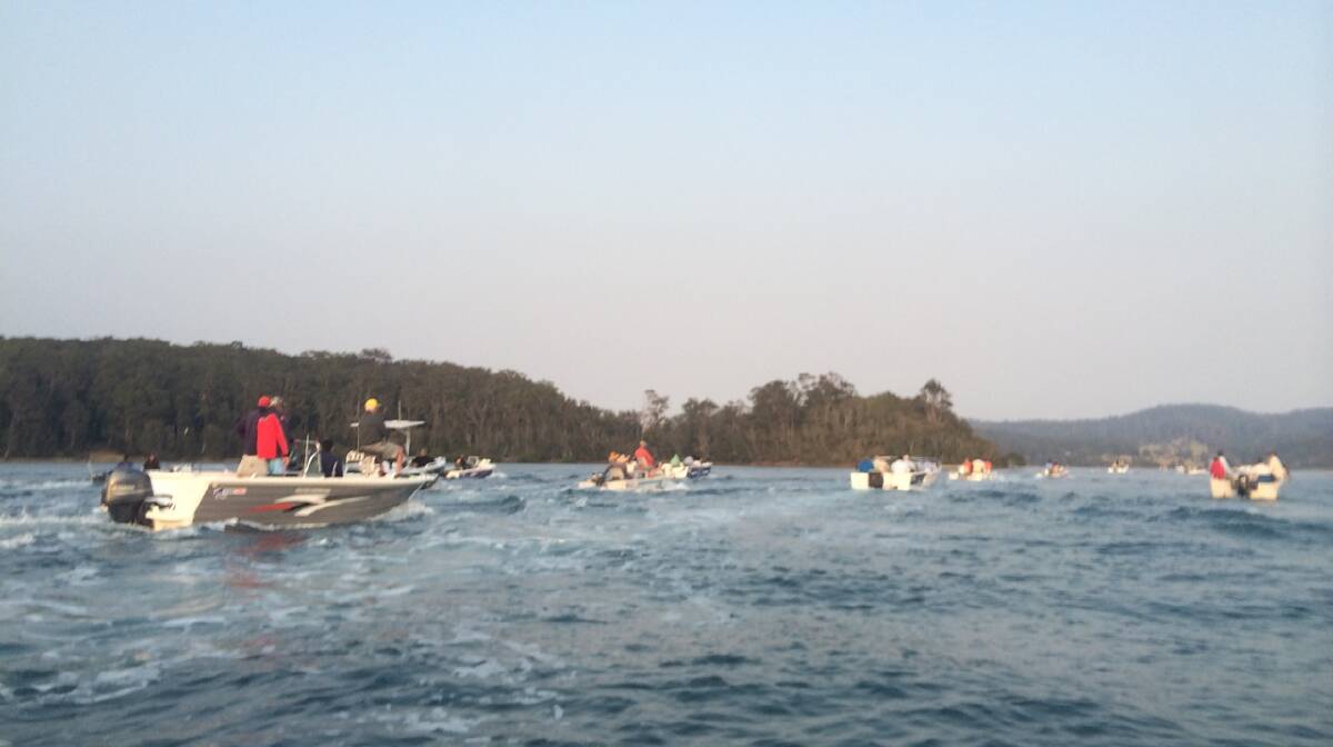 THEY'RE OFF: DAY 2 START: The boats head out of Forsters Bay at the start of Day 2 of the Narooma Flathead Classic.