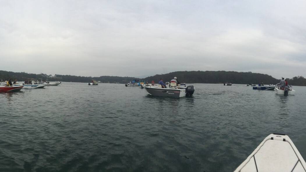 DAY 1 START: The boats gather on Forsters Bay for the start of Day 1 of the Narooma Flathead Classic.